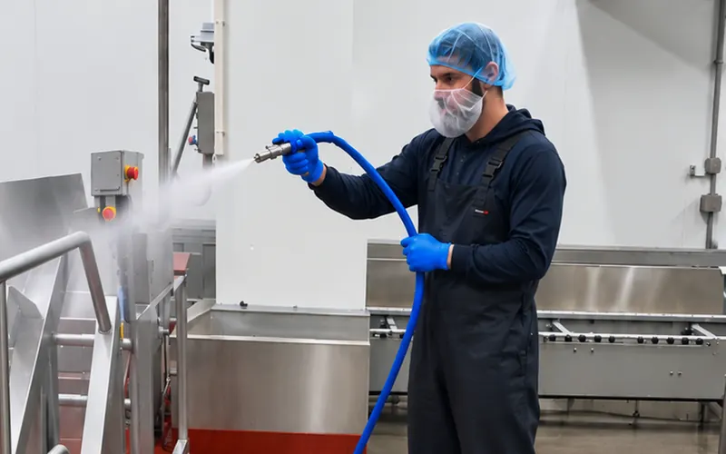Medewerker in beschermende kleding sproeit een RVS-installatie in een productieruimte in