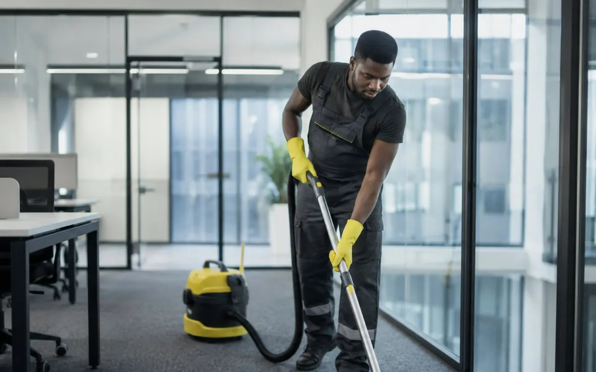 Schoonmaker in werkkleding en handschoenen stofzuigt de vloer van een kantoor