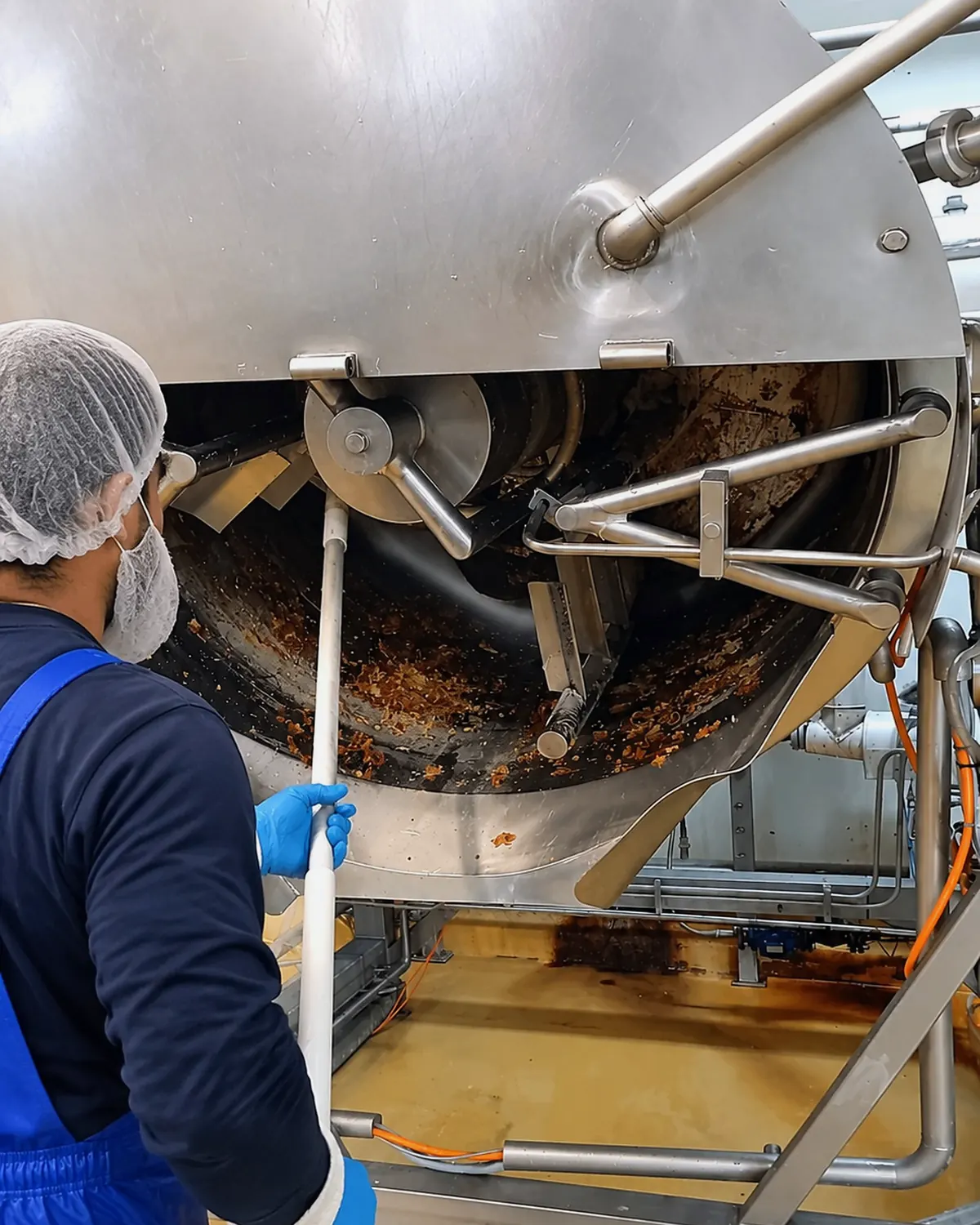 Medewerker in beschermende kleding reinigt de binnenkant van een RVS-kookketel